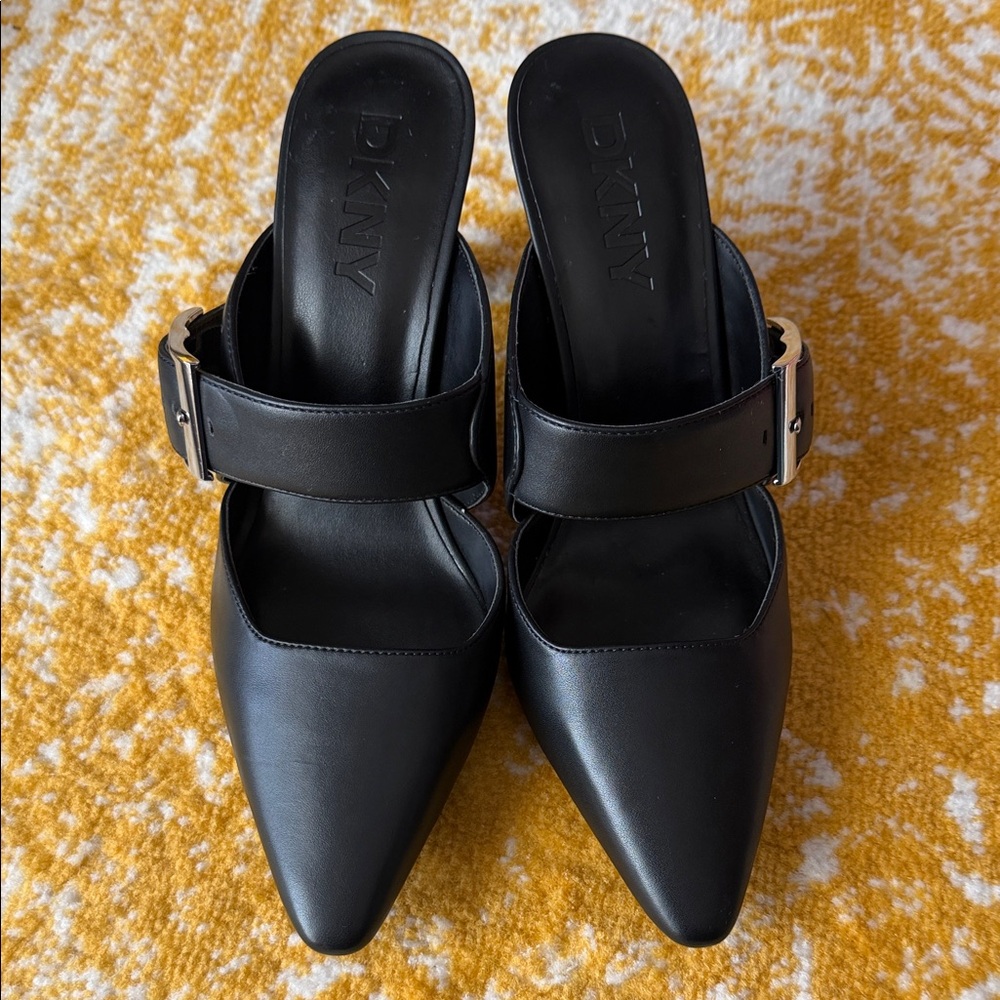 DKNY Black Leather Mules with Strap